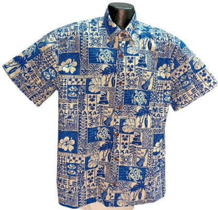 Blue tapa Christmas Aloha shirt-Made in USA- 100% Cotton